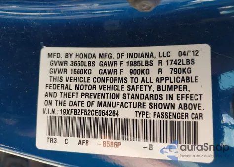 2012 Honda Civic Lx from USA, damaged, VIN 19XFB2F52CE064264